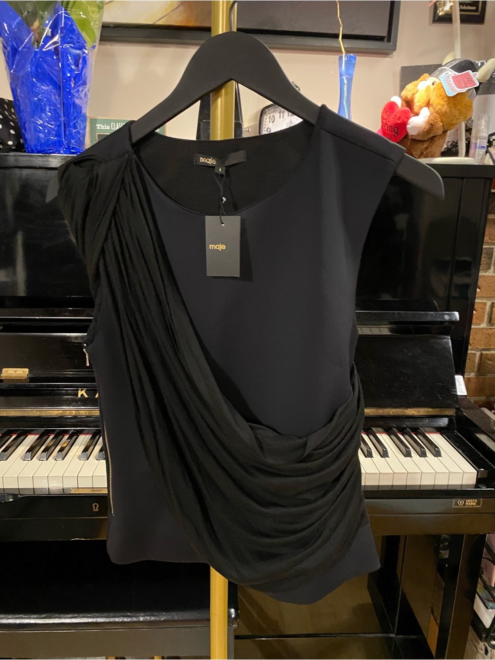 Maje NWT Black Asymmetric Draped Jersey Scuba Top